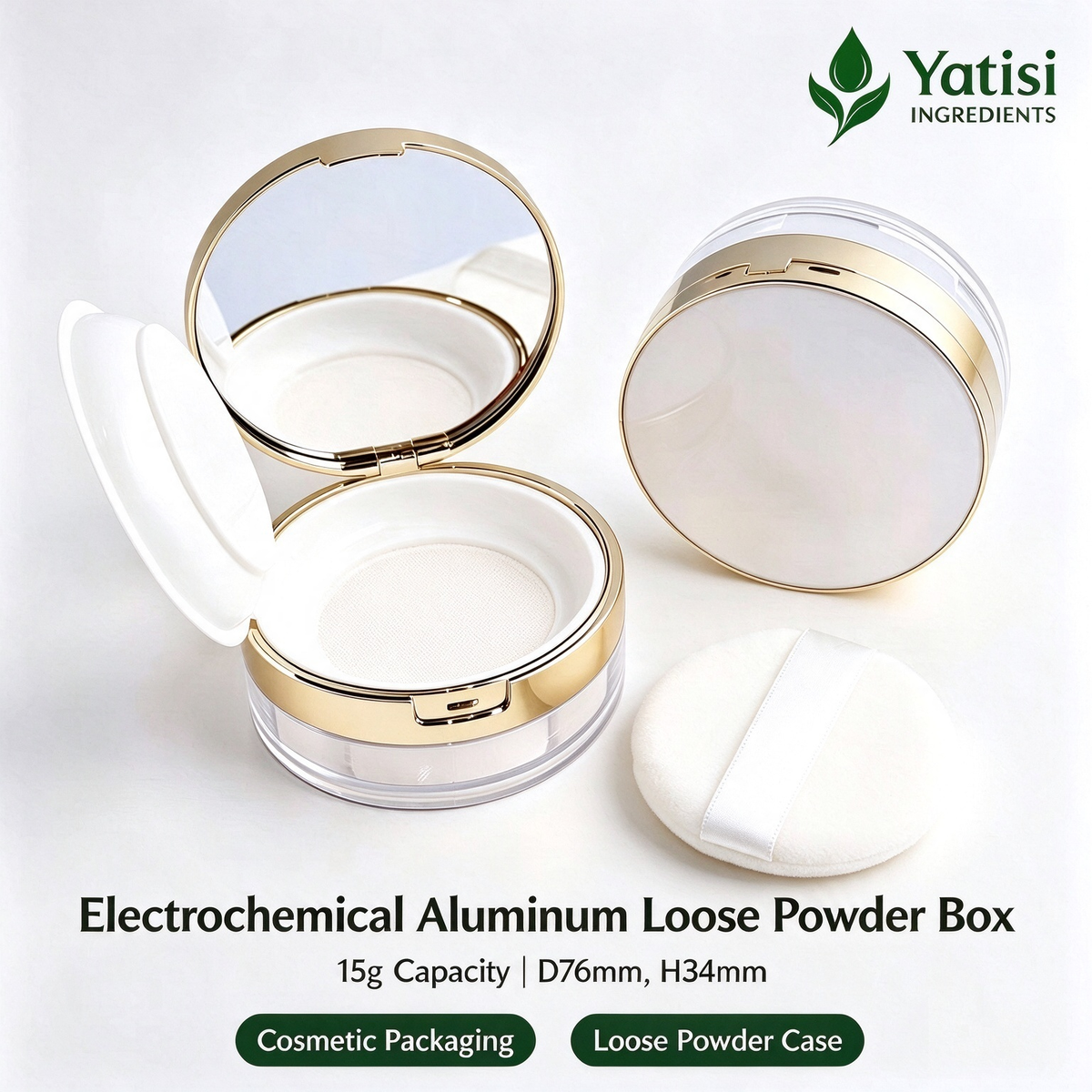 Yatisi Electrochemical Aluminum Rim Loose Powder Compact, 15g Empty Cosmetic Powder Box with Mirror & Powder Puff